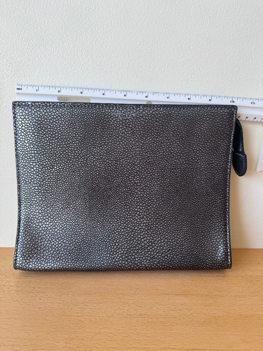 Henri Bendel New York Pebbled Leather Zip Pouch Clutch Black Gray Metallic